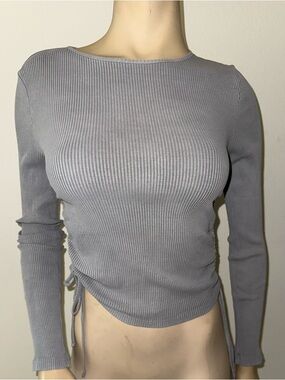 Zara Ribbed Long-Sleeve Side-Tie Top in Light Gray